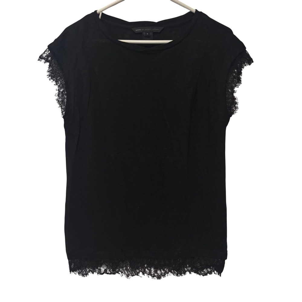 Marc by Marc Jacobs Womens‎ Black 100% Linen Lace Trim Cap Sleeve Top S Feminine